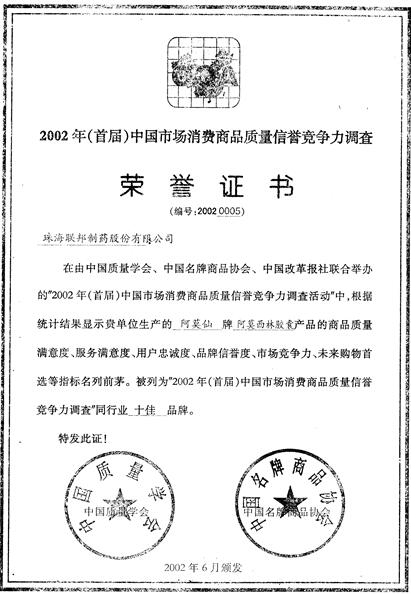 阿莫西林膠囊被列為“2002年（首屆）中國）市場消費商品質量信譽競爭力調查同行業十佳品牌”