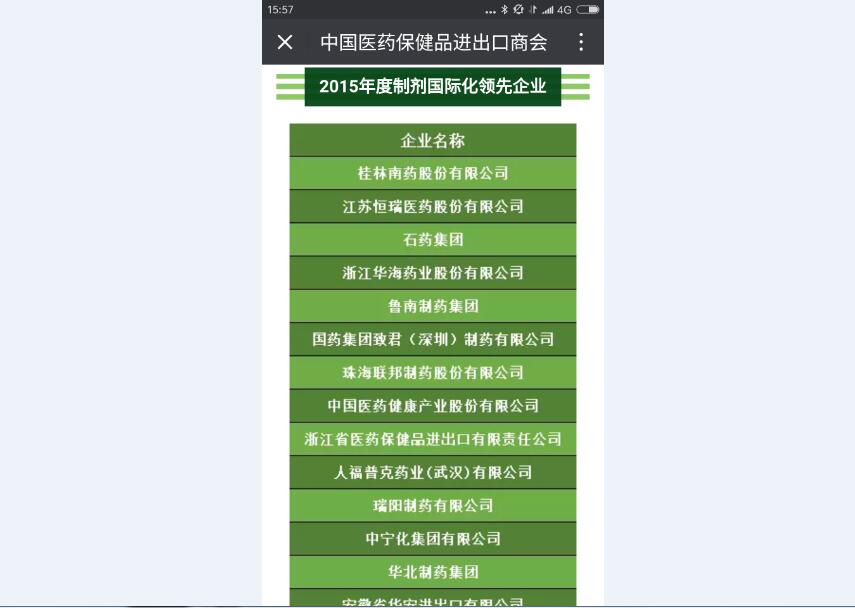 2015年度制劑國際化領先企業第七名